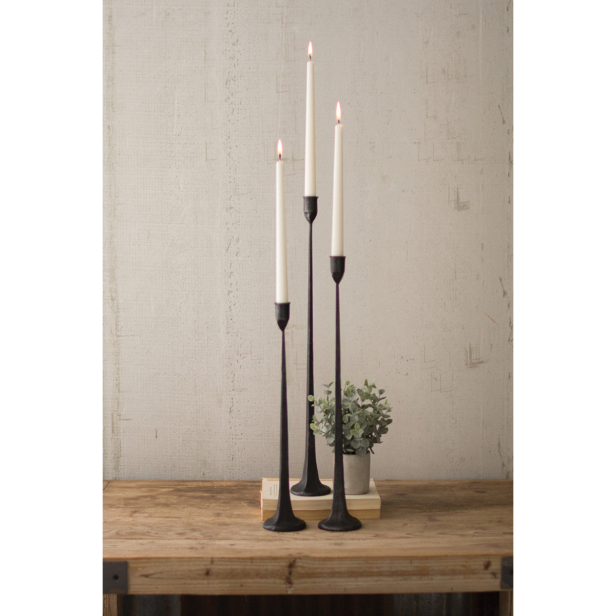 Set of Three Tall Cast Iron Taper Candle Holders