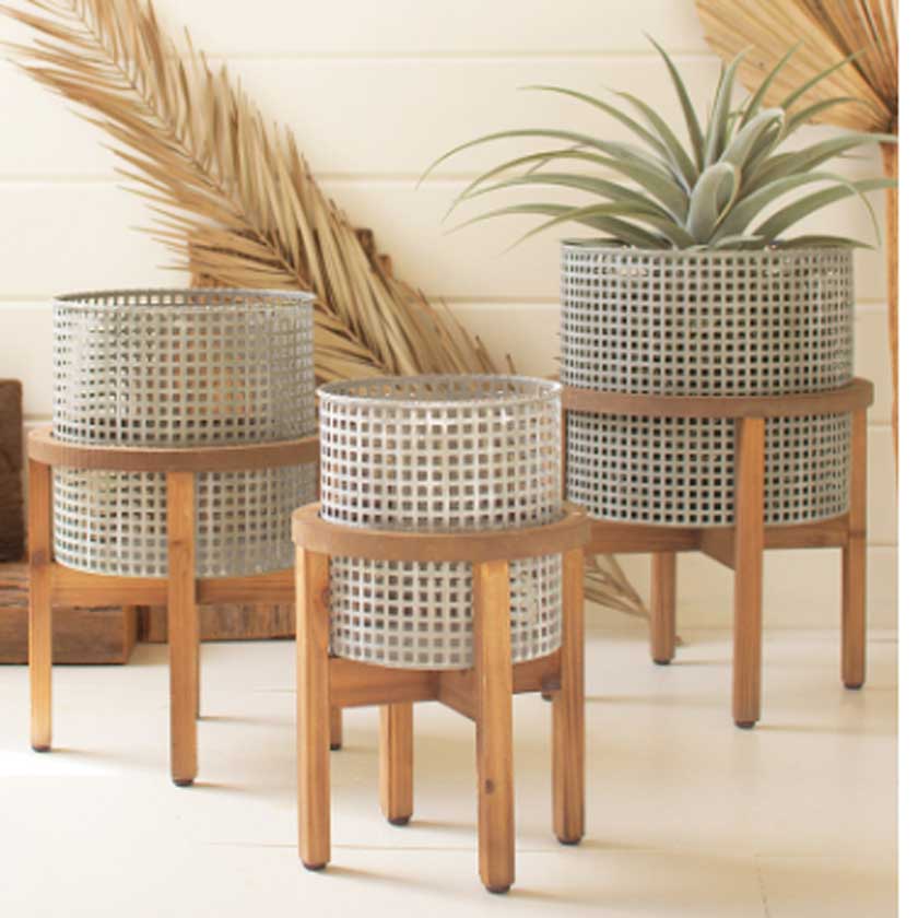 Small Woven Metal Planter with Wood Stand - Kalalou
