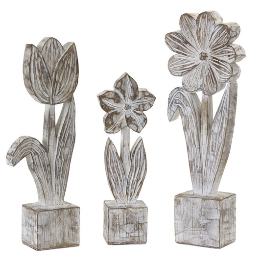 White Washed Potted Floral Sculpture, Set of 3